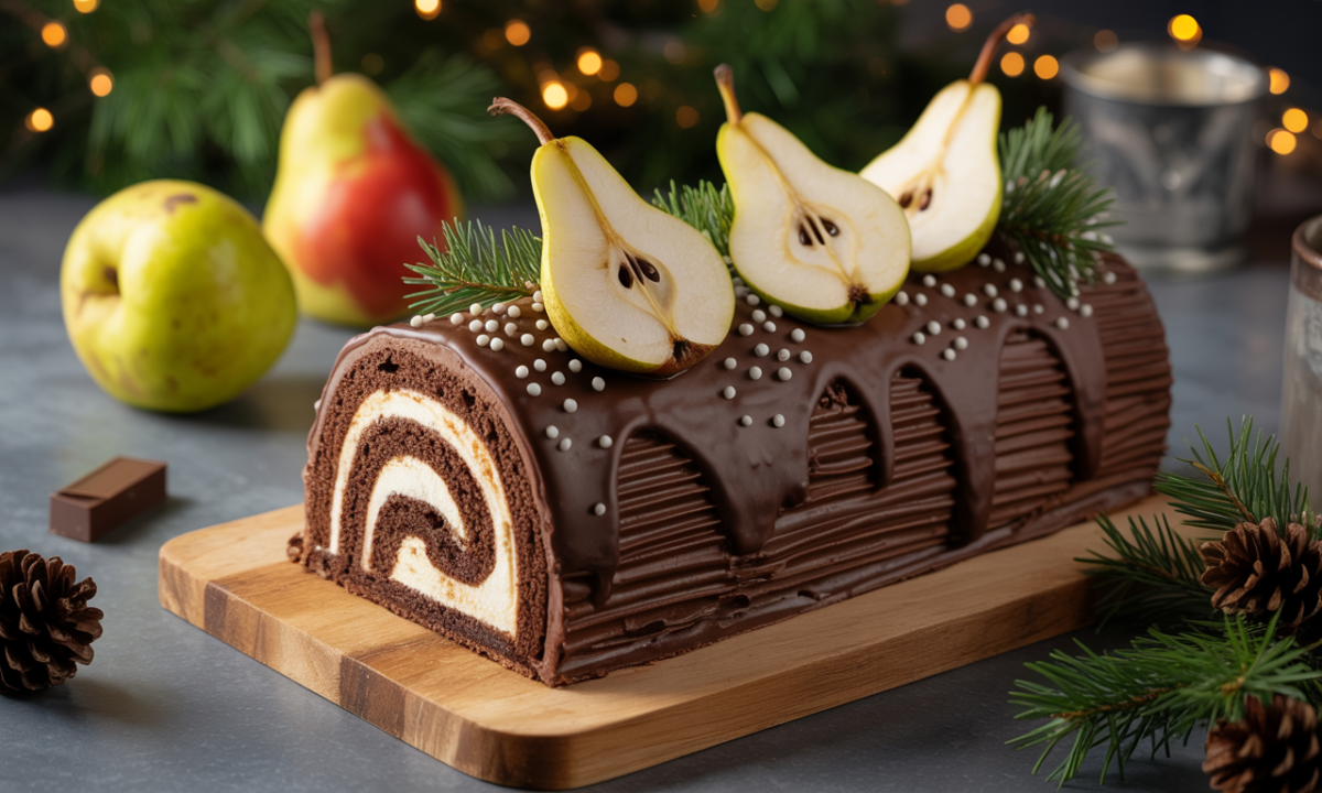 découvrez notre bûche de noël poire-chocolat, alliant la fraîcheur fruitée de la poire au fondant gourmand du chocolat, pour un moment de douceur en famille.