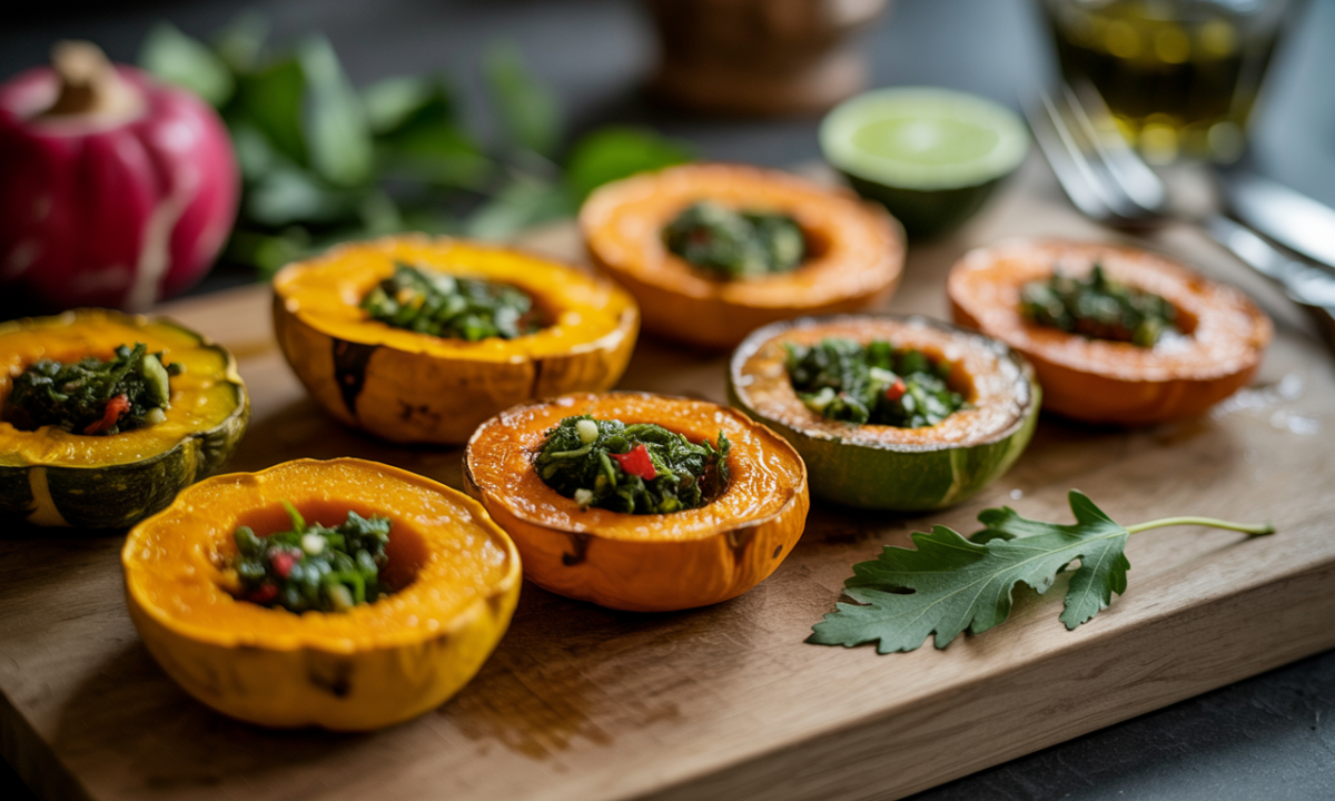découvrez une butternut rôtie, une grillade végétale d'automne savoureuse, rehaussée par un chimichurri maison frais et parfumé pour un repas plein de saison et de gourmandise.