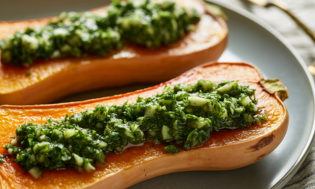 découvrez notre butternut rôtie, une grillade végétale d'automne savoureuse, rehaussée par un chimichurri maison frais et aromatique pour un plat délicieux et réconfortant.