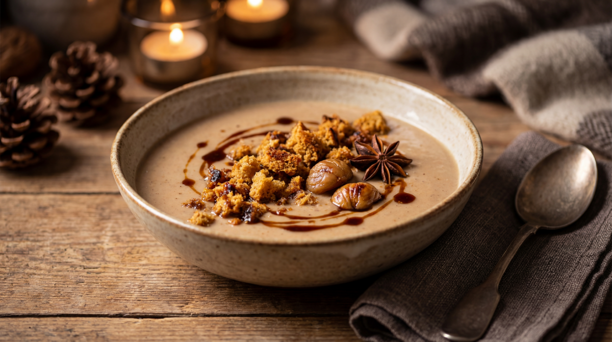 Châtaignes, épices, pain d’épice grillé : ce velouté chaud-froid est une claque gustative inattendue après les fêtes