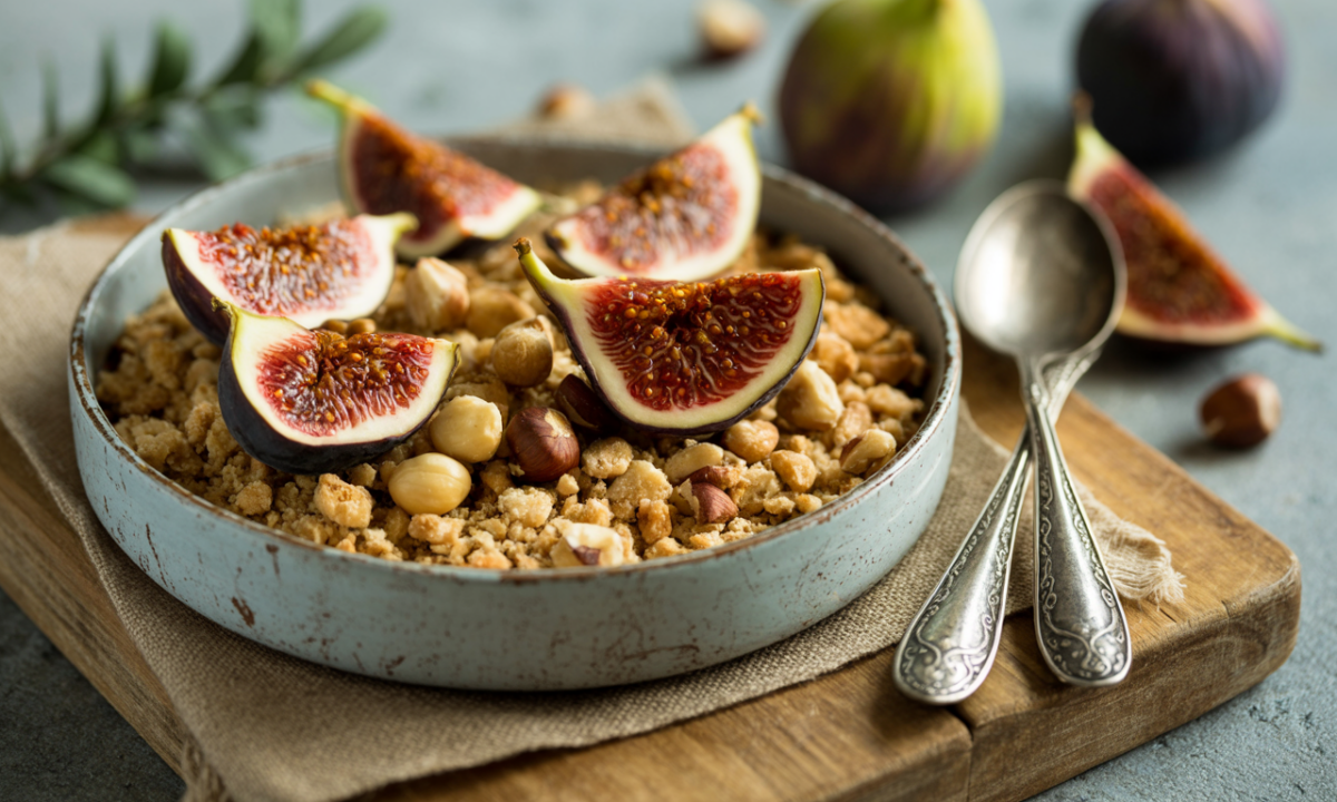 découvrez notre crumble glacé aux figues rôties, rehaussé de noisettes croquantes et d'un caramel salé citronné pour une explosion de saveurs en bouche.