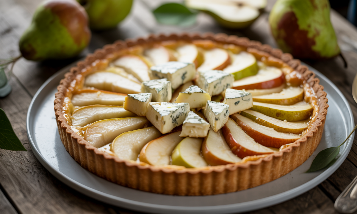 savourez la tarte poires-roquefort, un plat réconfortant et original parfait pour régaler toute la famille avec une alliance sucrée-salée unique.