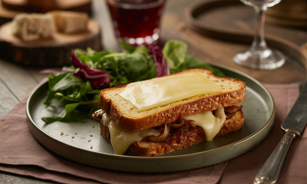savourez le croque maison au comté fondant et oignons confits, une délicieuse recette dorée et croustillante qui ravira les amateurs de saveurs authentiques.
