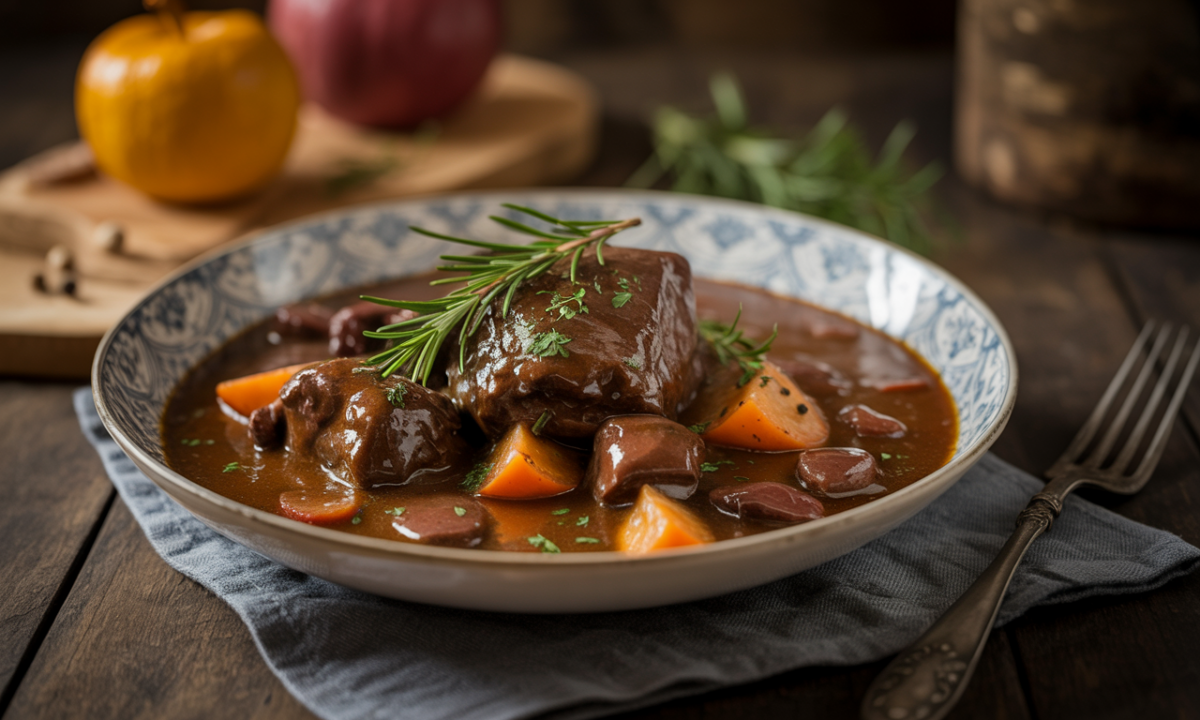 savourez un bœuf bourguignon fondant et généreux, mijoté en sauce riche, idéal pour réchauffer vos soirées d’automne avec une touche authentique et gourmande.