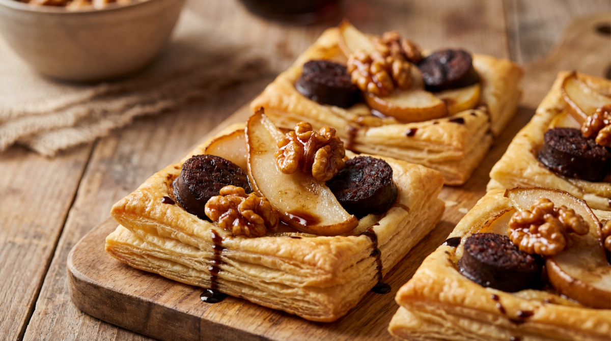 Feuilletés croustillants poire-boudin noir et noix caramélisées