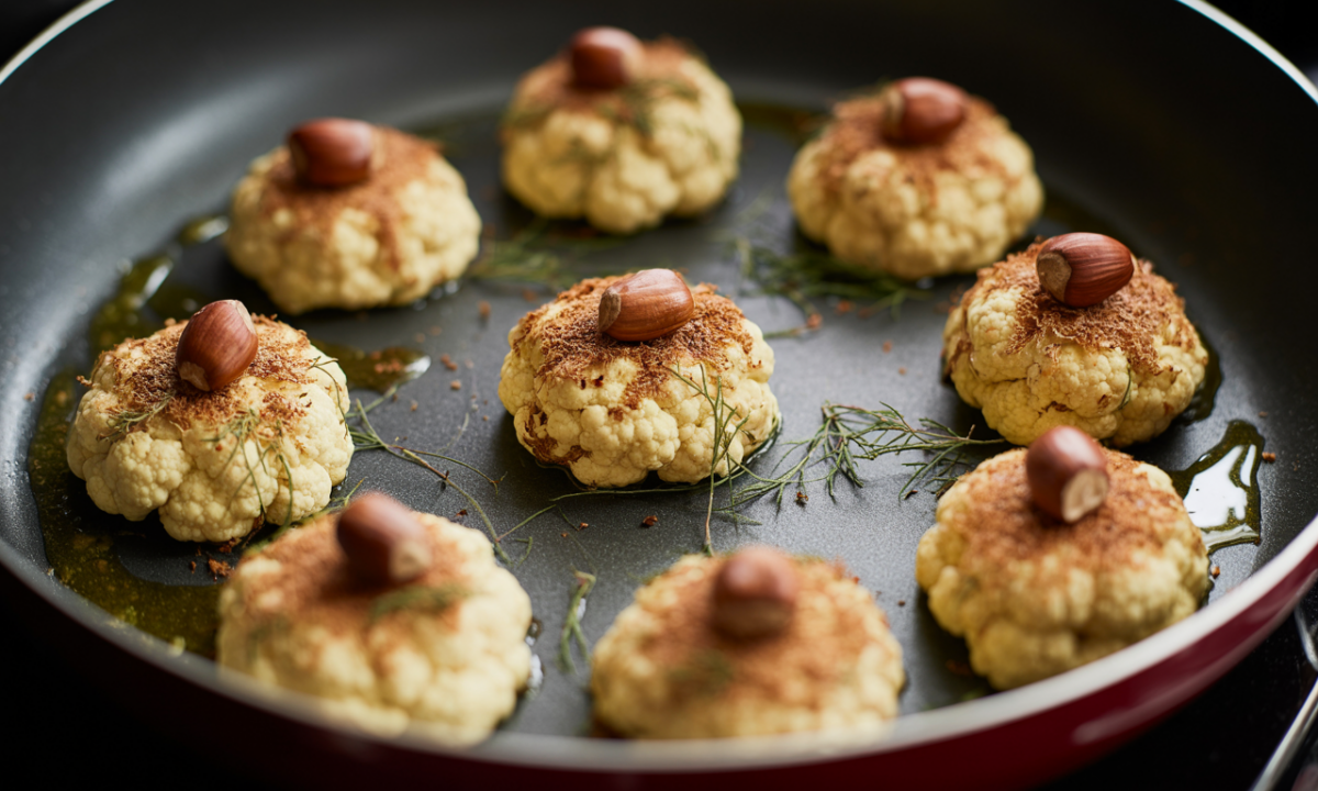 découvrez nos galettes crémeuses de chou-fleur, subtilement relevées par la douceur du miel de sapin noir et le croquant des noisettes pour une recette gourmande et originale.