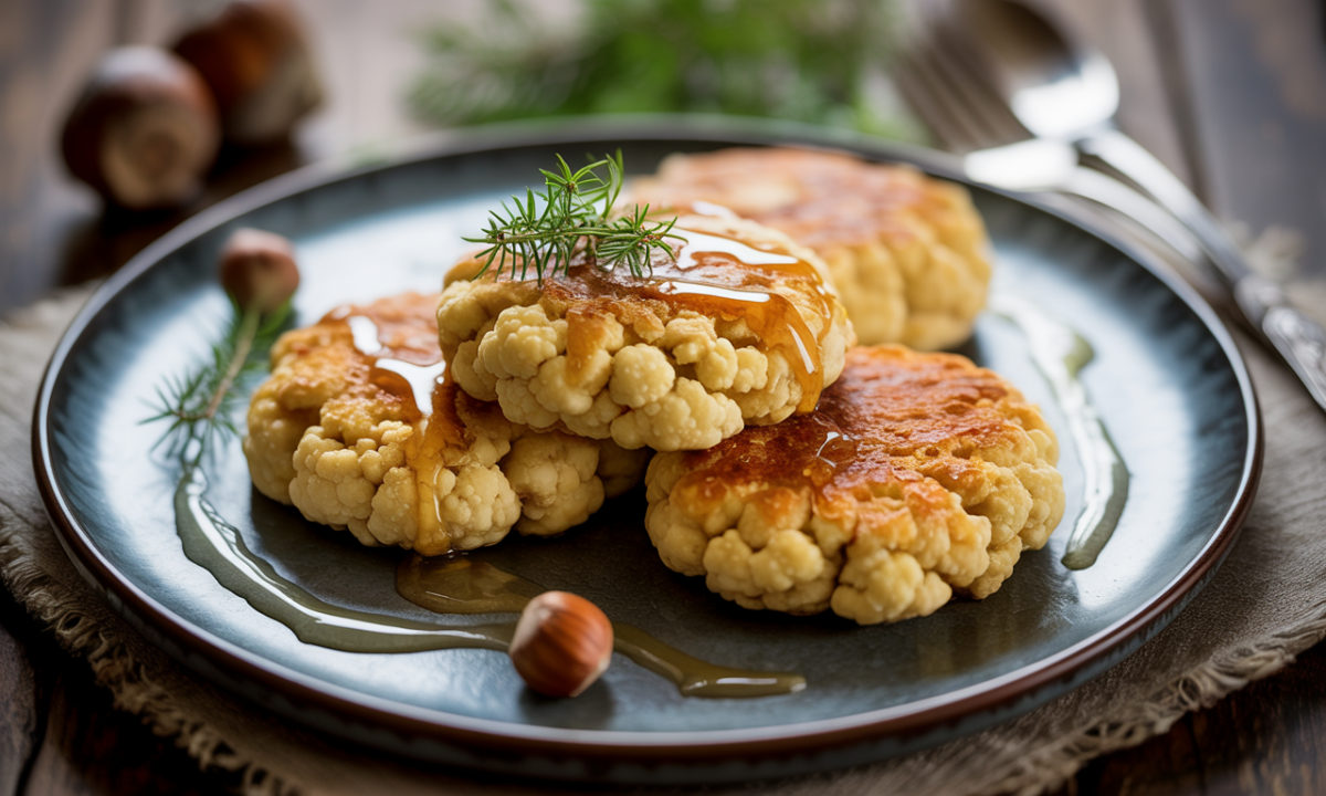 découvrez nos galettes crémeuses de chou-fleur, délicatement parfumées à la noisette et sublimées par un miel de sapin noir unique pour une saveur exceptionnelle.