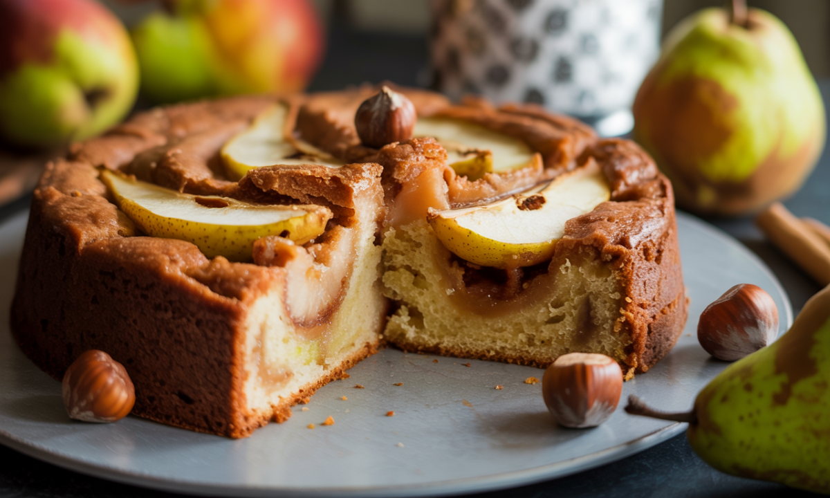 découvrez notre gâteau moelleux aux poires, cannelle et noisettes, une douceur automnale parfaite pour réchauffer vos après-midis avec saveur et gourmandise.