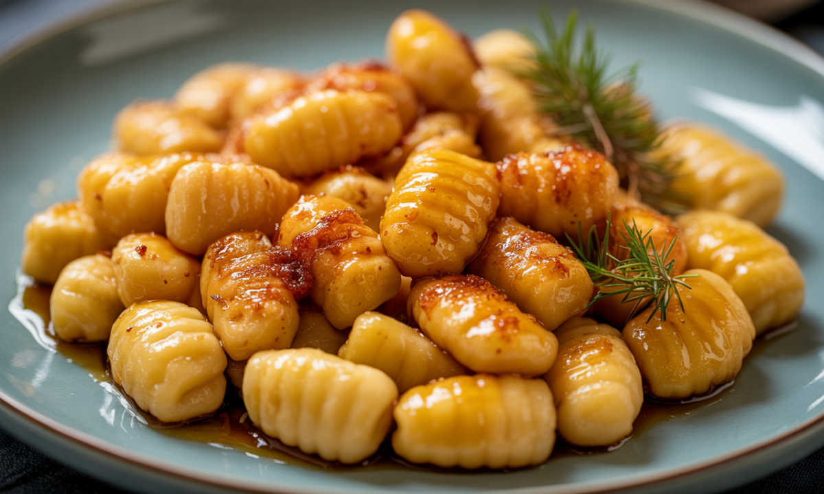 découvrez nos gnocchis légers de panais, sublimés par une caramel au sirop d’érable épicé, pour une explosion de saveurs sucrées et épicées à chaque bouchée.