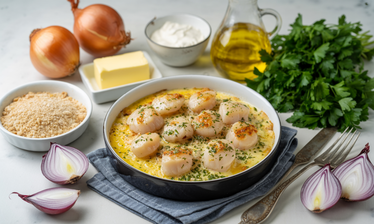 découvrez notre gratin breton irrésistible aux noix de saint-jacques fondantes, nappé d'une sauce veloutée onctueuse et garni d'une chapelure dorée et croustillante, pour un plat savoureux et raffiné.