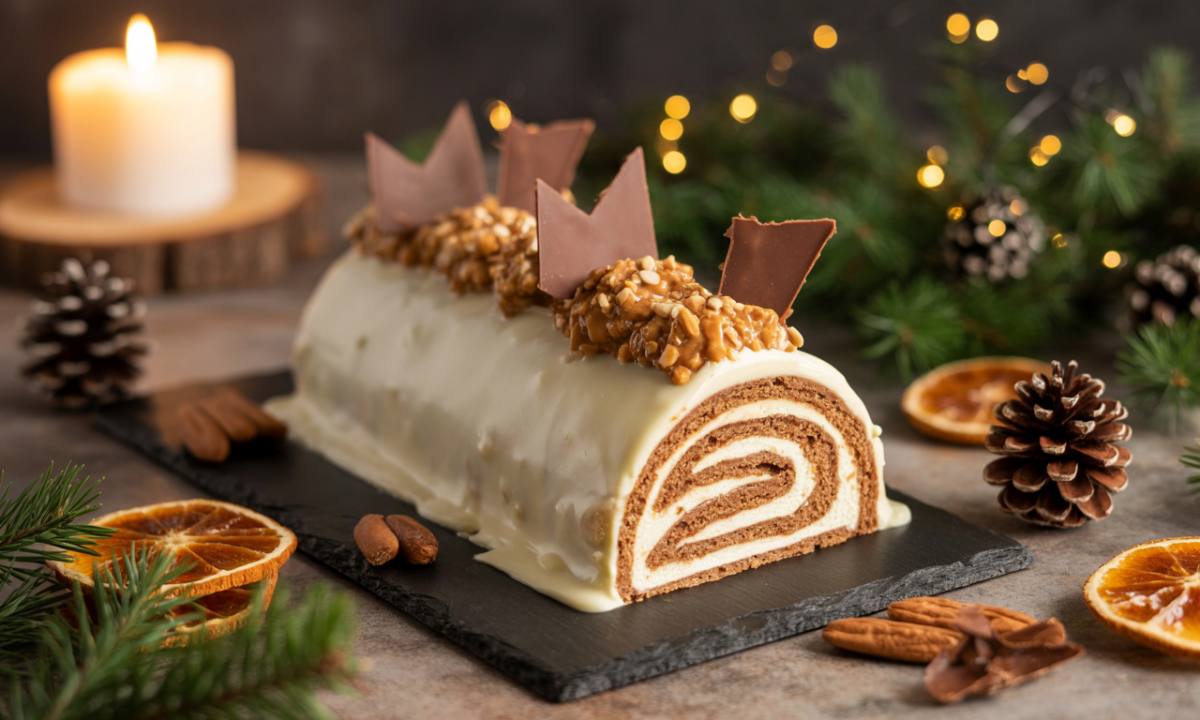 découvrez la bûche de noël signée philippe etchebest : un délice de praliné artisanal, ganache légère et croustillant d’amandes doré, pour des fêtes gourmandes et élégantes.