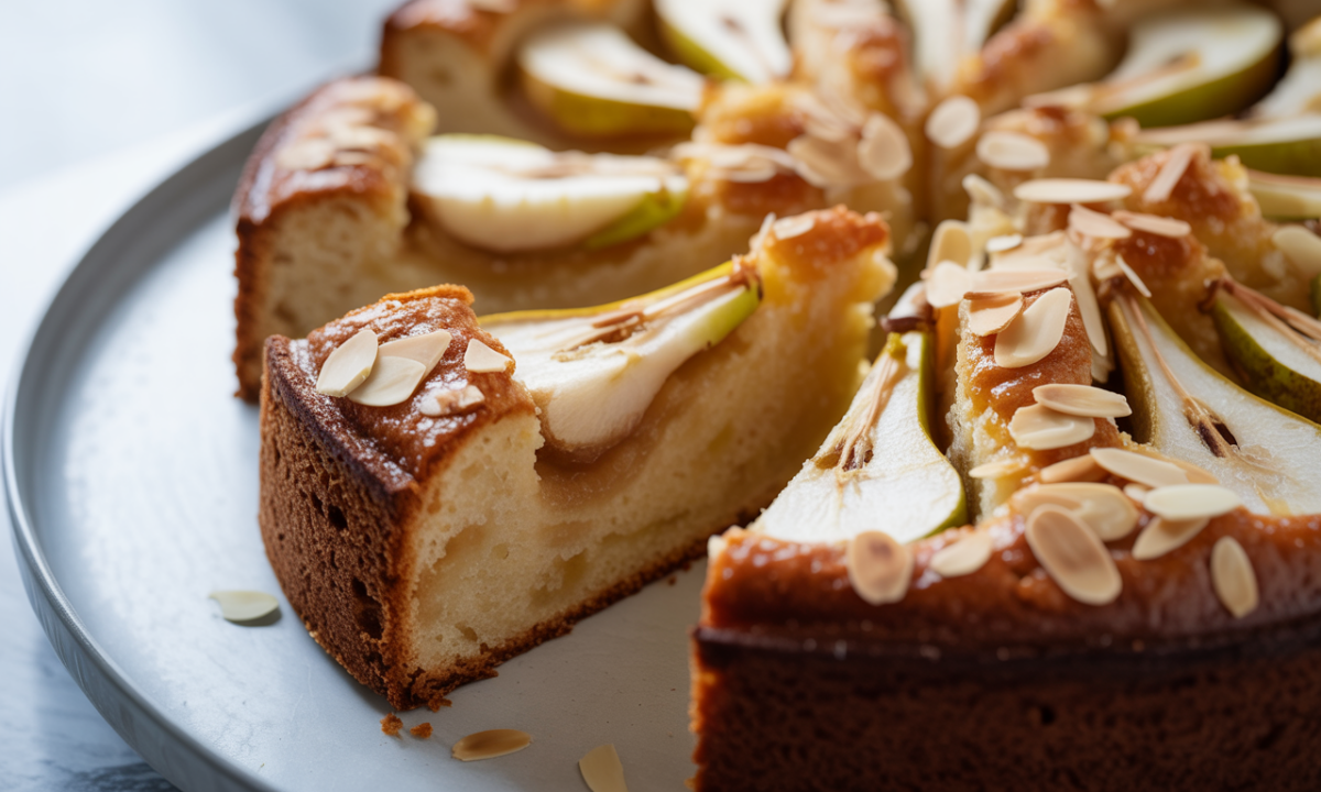 découvrez l'automne en douceur avec des poires fondantes, des amandes croquantes et un gâteau au moelleux incomparable, une harmonie parfaite pour vos desserts de saison.