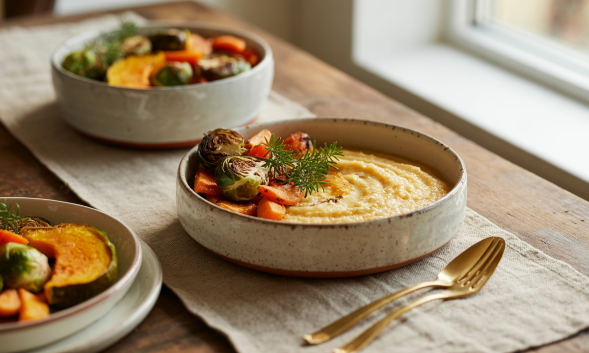 découvrez la recette gourmande des légumes dorés accompagnés d'une polenta crémeuse au parmesan, parfaite pour réchauffer vos soirées d'automne avec saveur et douceur.