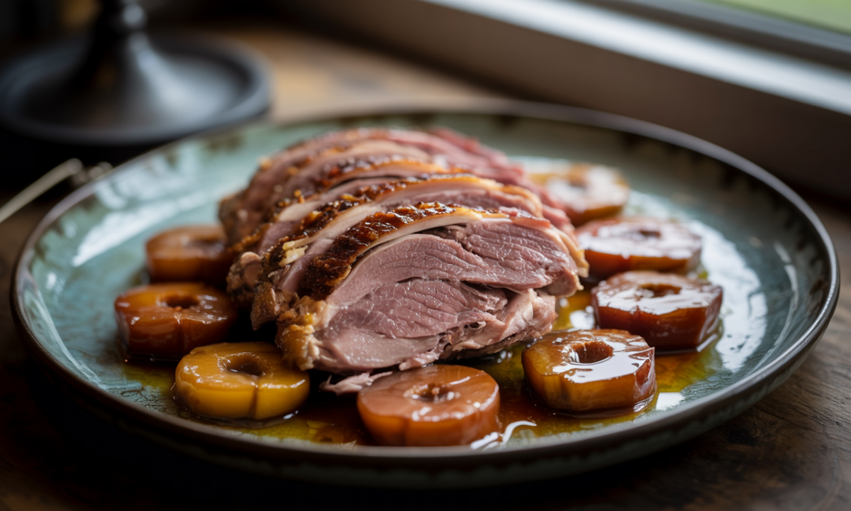 savourez un magret de canard rôti parfaitement doré, accompagné de coings confits au miel et aux épices, une alliance sucrée-salée idéale pour mettre en valeur les saveurs chaleureuses de l'automne.