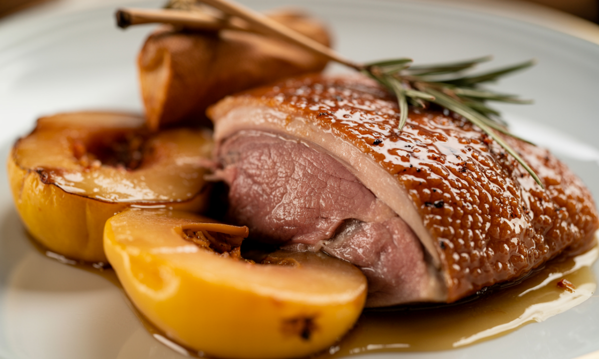découvrez le magret de canard rôti accompagné de coings confits, une harmonie parfaite de saveurs sucrées-salées au miel et aux épices, idéale pour réchauffer vos repas d'automne.