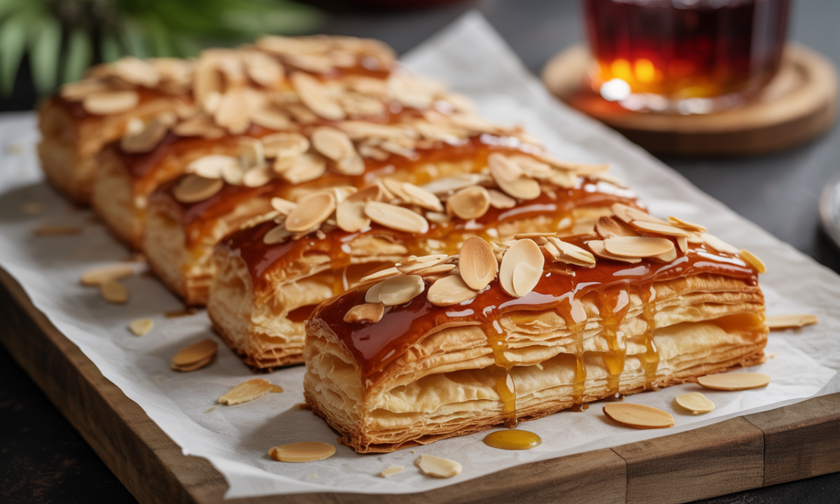 découvrez notre millefeuille délicat associant la douceur du lait d’avoine grillé à la crème mousseuse de pralin rouge, pour une expérience gourmande et originale.