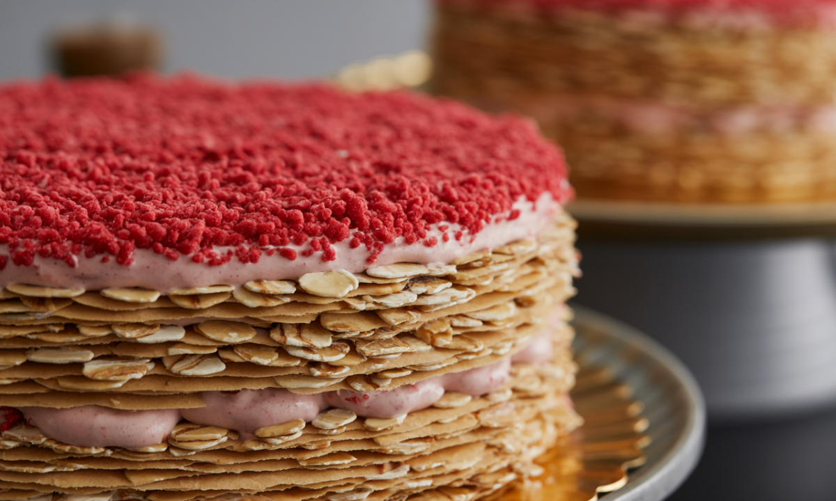découvrez notre millefeuille gourmand au lait d’avoine grillé, sublimé par une crème mousseuse au pralin rouge, une alliance parfaite de saveurs délicates et originales.