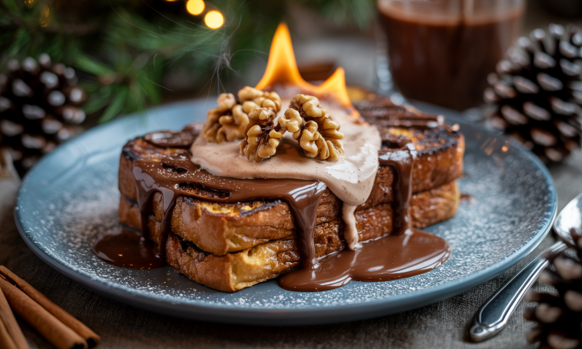 découvrez notre pain perdu d’hiver au chocolat épicé, accompagné d’une crème de noix flambée, pour une gourmandise réconfortante et pleine de saveurs chaleureuses.