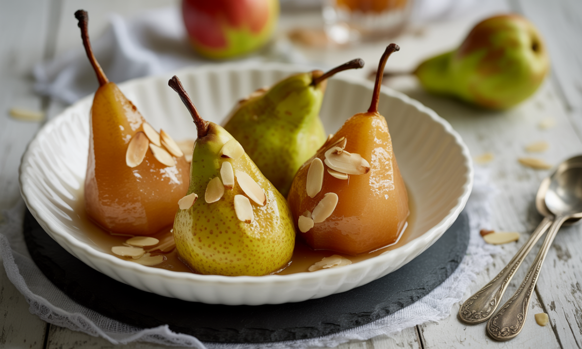 découvrez nos poires fondantes nappées d'un sirop vanillé délicat et parsemées d'éclats d'amandes grillées, une douceur automnale irrésistible qui ravira tous les palais.
