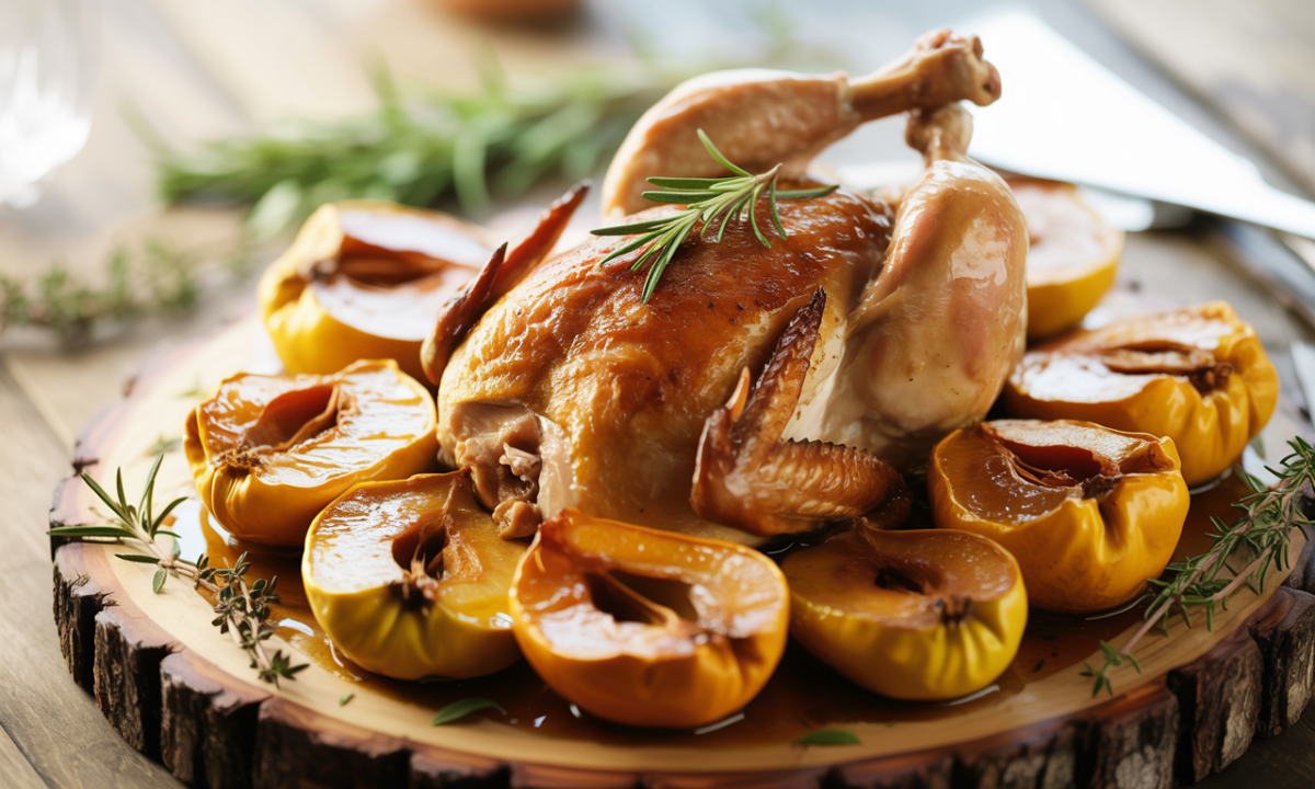 découvrez notre recette de poulet aux coings caramélisés, une alliance parfaite de douceur et de saveurs qui réchauffera vos soirées fraîches avec gourmandise.