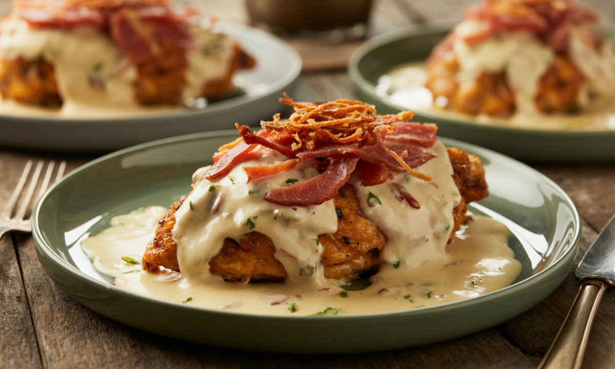 découvrez notre recette automnale de poulet nappé d'une sauce crémeuse au parmesan et garni de jambon croustillant, un plat réconfortant qui réunit toute la famille autour de la table.