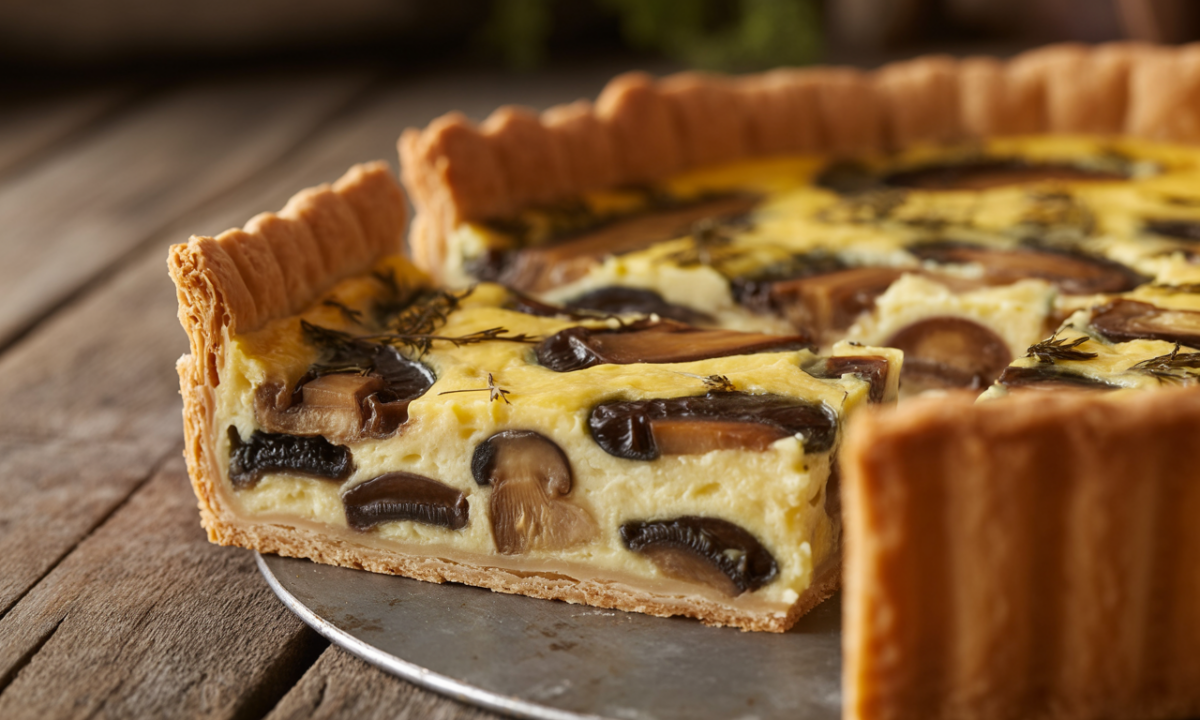 savourez la quiche forestière, un mariage exquis de champignons tendres, crème veloutée et pâte croustillante, parfait pour célébrer les saveurs chaleureuses de l'automne.