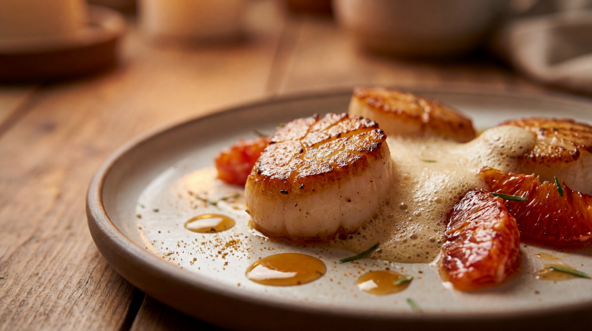 Saint-Jacques snackées, orange sanguine rôtie et émulsion au gingembre