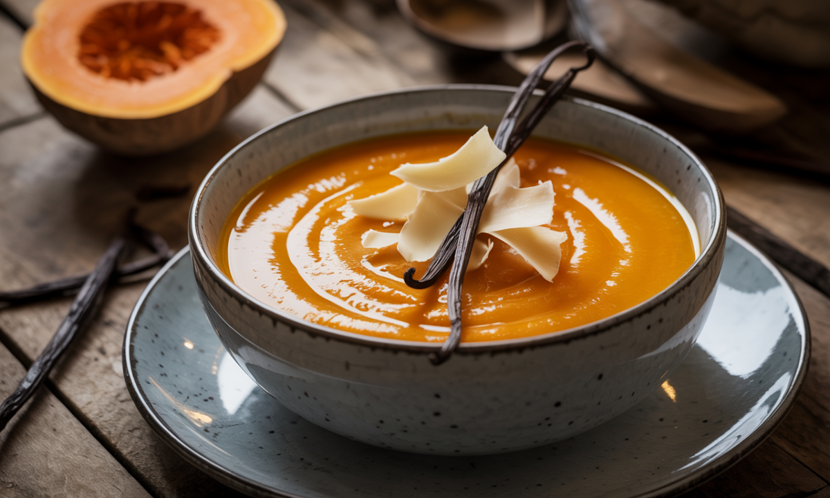 découvrez notre soupe cocooning au butternut vanillé, sublimée par des copeaux de chocolat blanc fumé pour une expérience gustative réconfortante et originale.