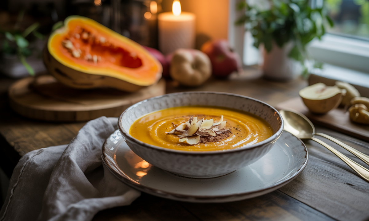 découvrez notre soupe cocooning au butternut vanillé, sublimée par des copeaux de chocolat blanc fumé pour une expérience douce et gourmande.