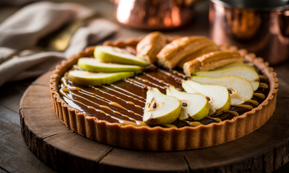 découvrez notre tarte briochée à la poire givrée, sublimée par un praliné de châtaigne fumée pour une expérience gourmande unique.