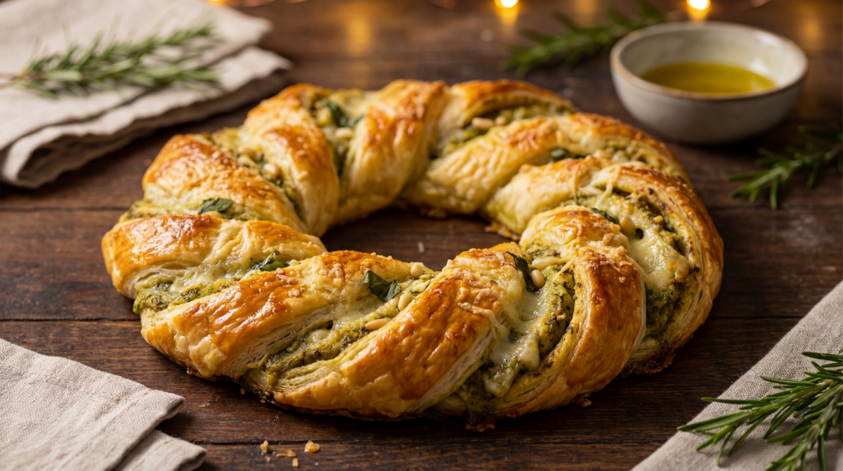 Torsade feuilletée au pesto : la couronne apéritive qui fait vraiment fête