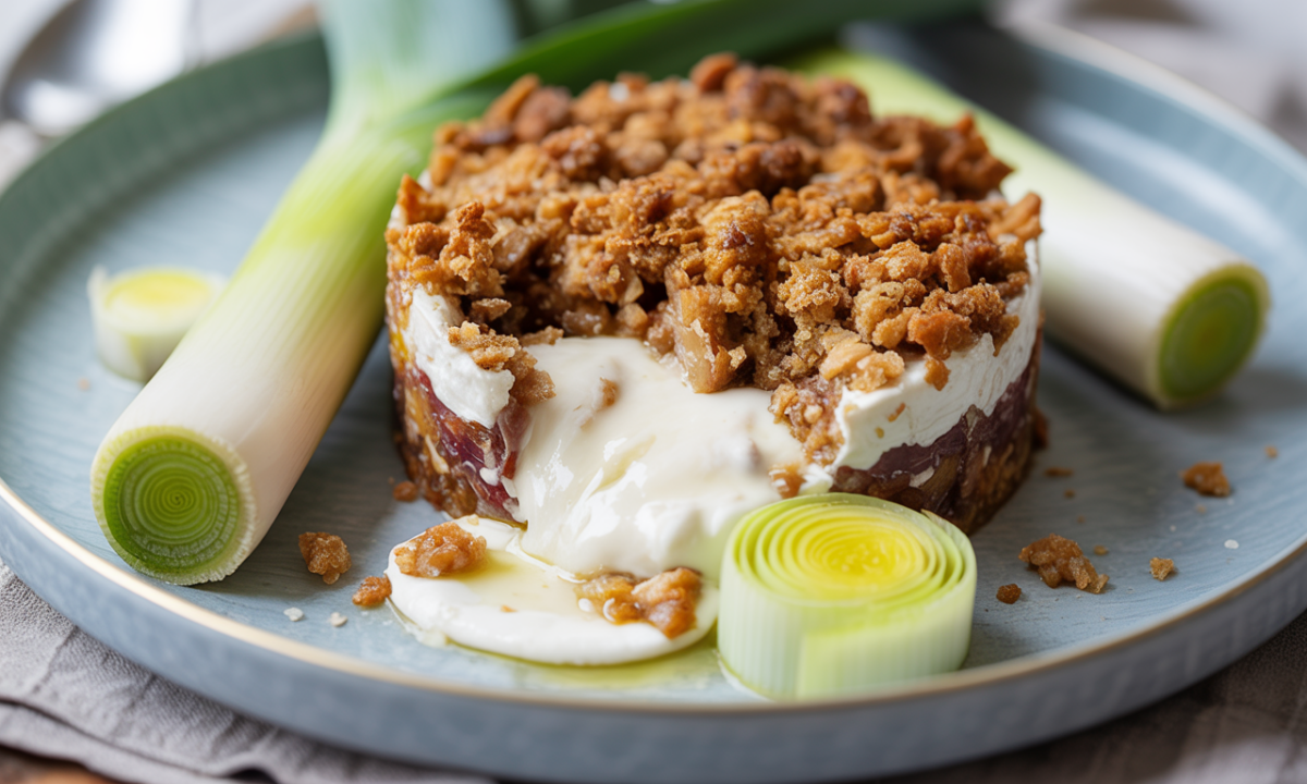 découvrez un festin printanier savoureux où le chèvre fondant, le poireau parfumé et le crumble croustillant s'harmonisent pour éveiller vos papilles avec délice.