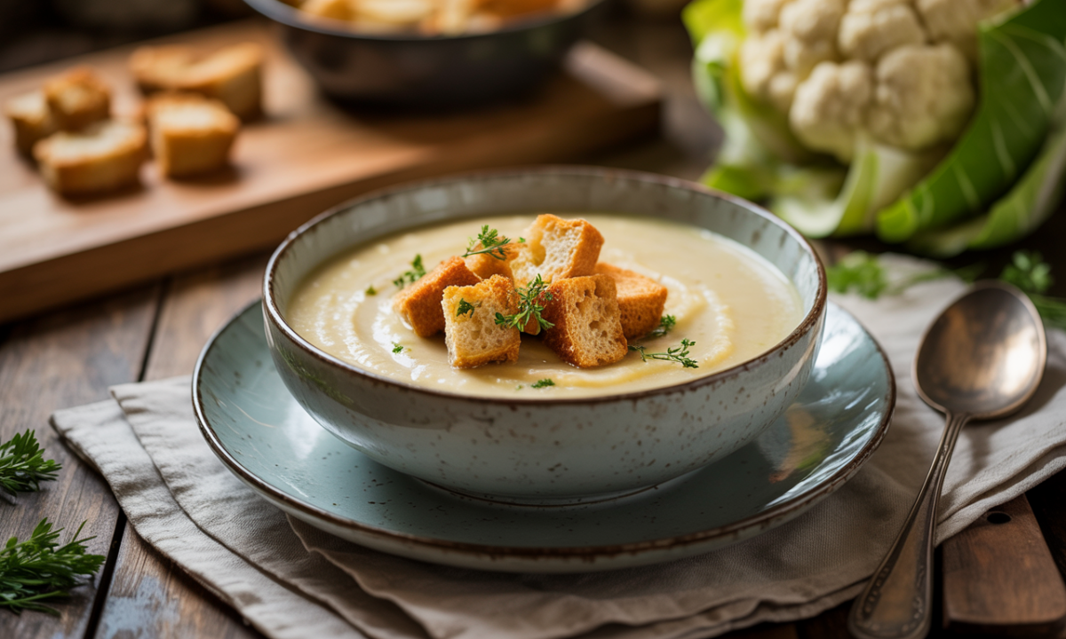 découvrez notre velouté onctueux de chou-fleur, une douceur réconfortante sublimée par des croûtons maison croustillants, pour un repas savoureux et chaleureux.