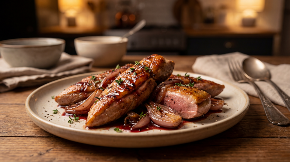 Aiguillettes de canard minute, échalotes et vinaigre de framboise