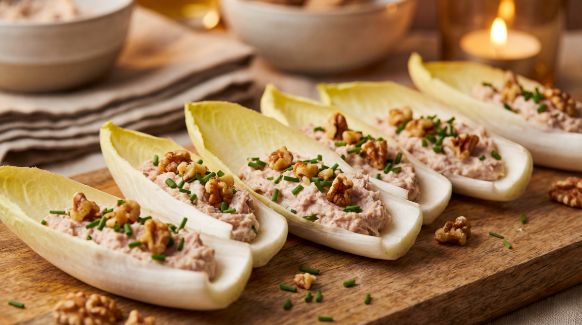 Barquettes d’endive aux rillettes de jambon : un apéro croquant et frais prêt en seulement 10 minutes