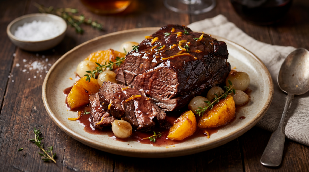Bœuf confit à l’orange et au vin rouge : une cuisson longue pour une viande ultra fondante et parfumée