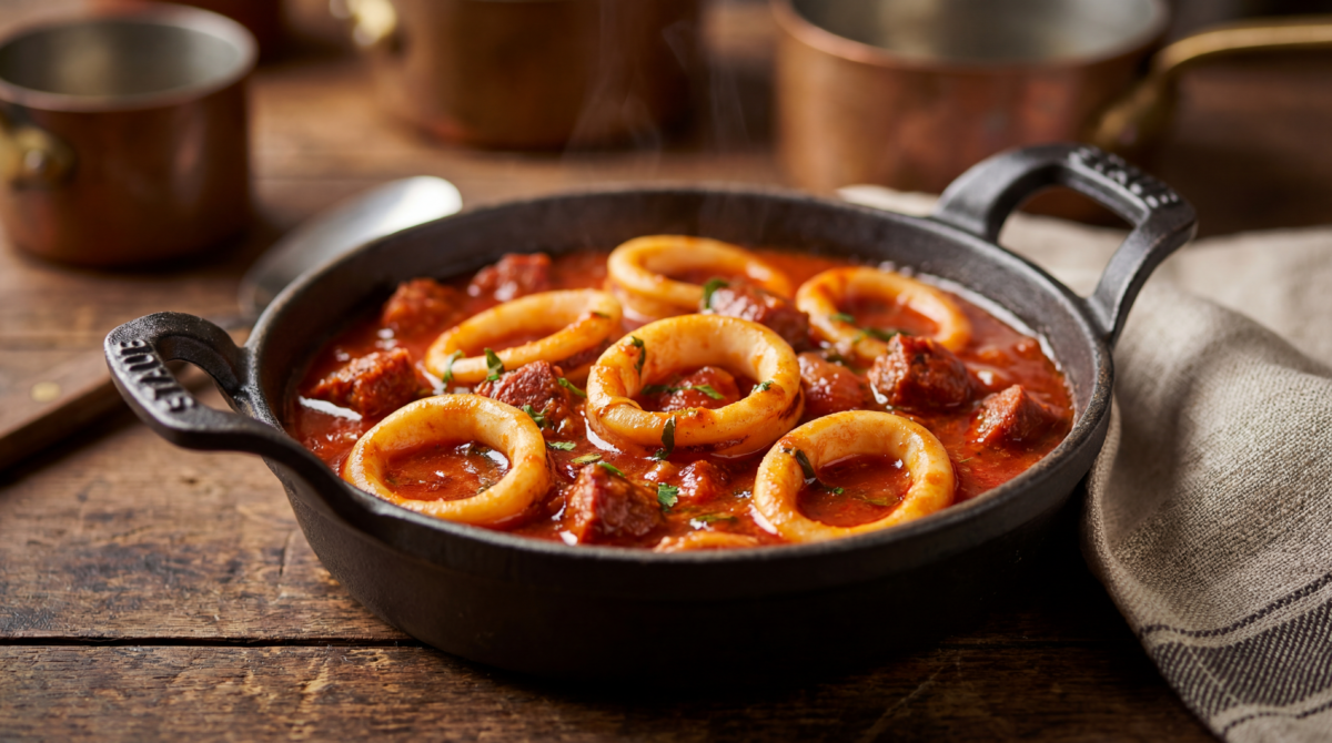 Encornets mijotés à la tomate et au chorizo en cocotte