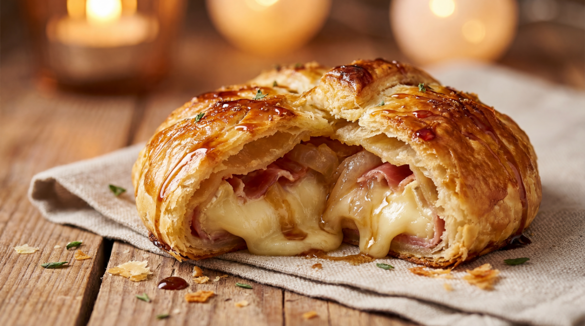 Feuilleté de camembert au jambon cru et oignons tout doux