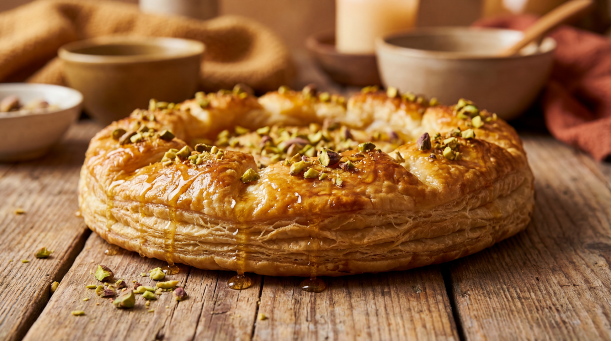 Galette feuilletée au miel et pistaches pour une Épiphanie dorée