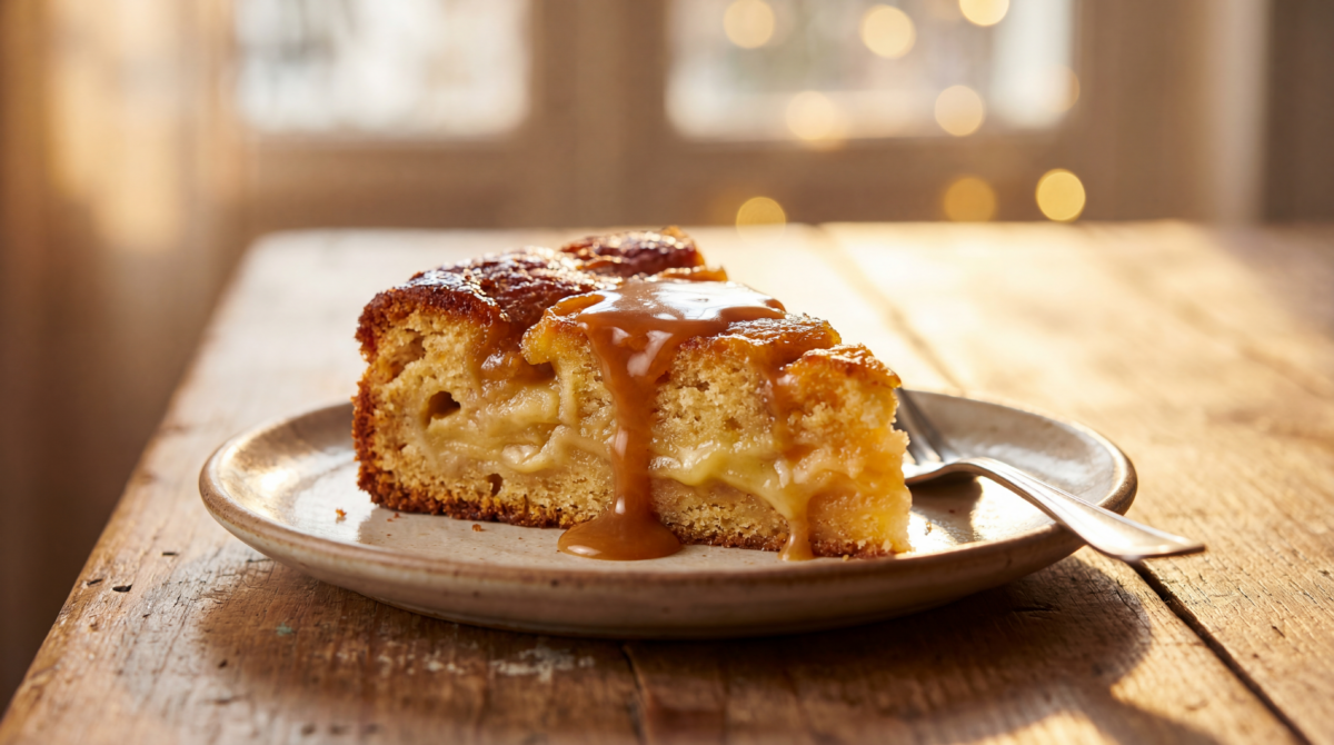 Gâteau moelleux aux pommes caramélisées et sirop chaud
