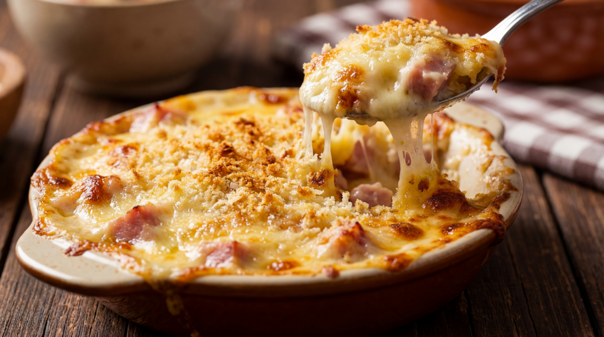 Gratin croustillant au fromage filant et jambon fondant
