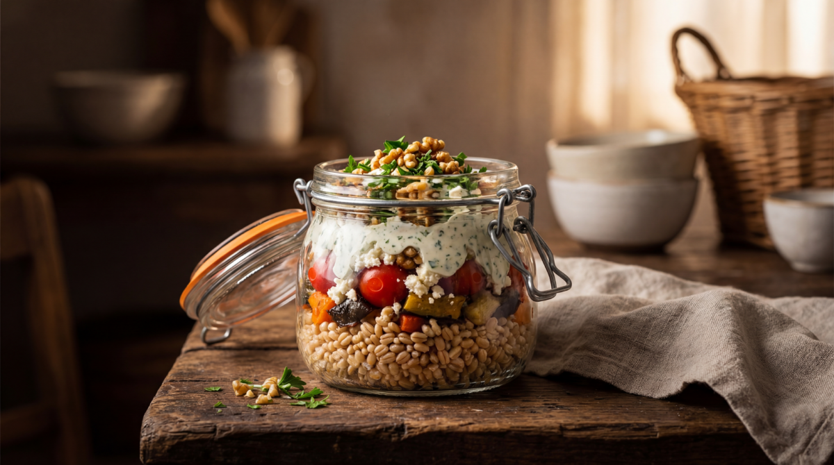 Salade d’Ebly en bocal, prête d’avance pour les repas frais