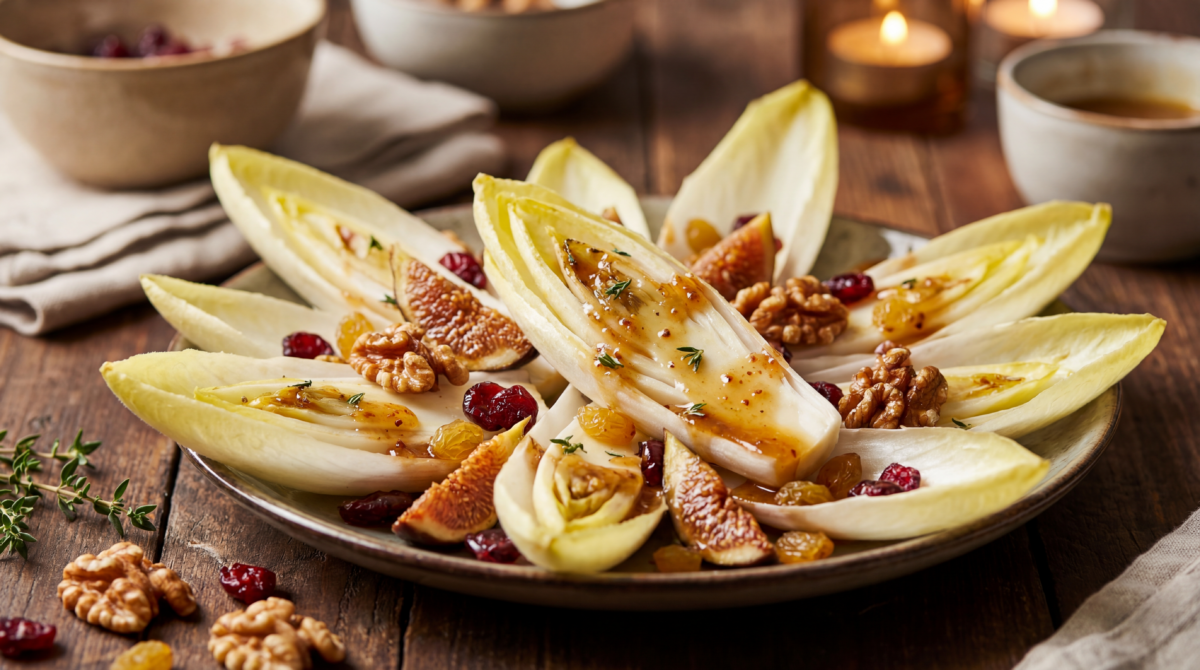 Salade d’endives croquantes aux fruits secs et sauce miel-moutarde