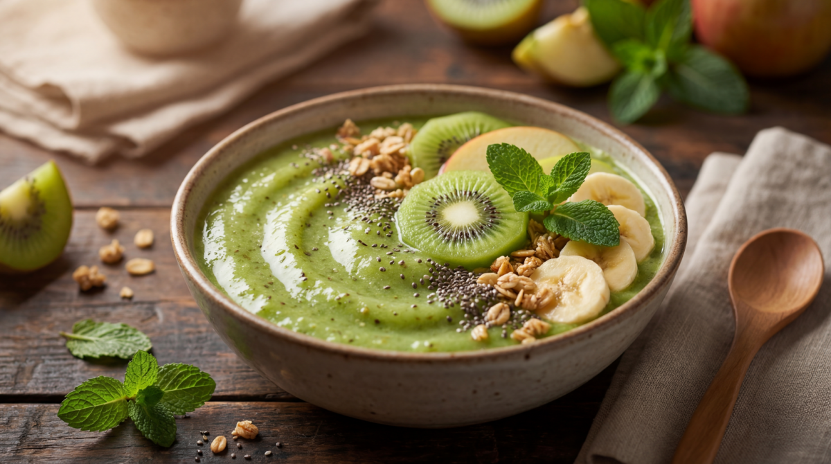 Smoothie kiwi-banane-pomme tout vert, prêt en un éclair